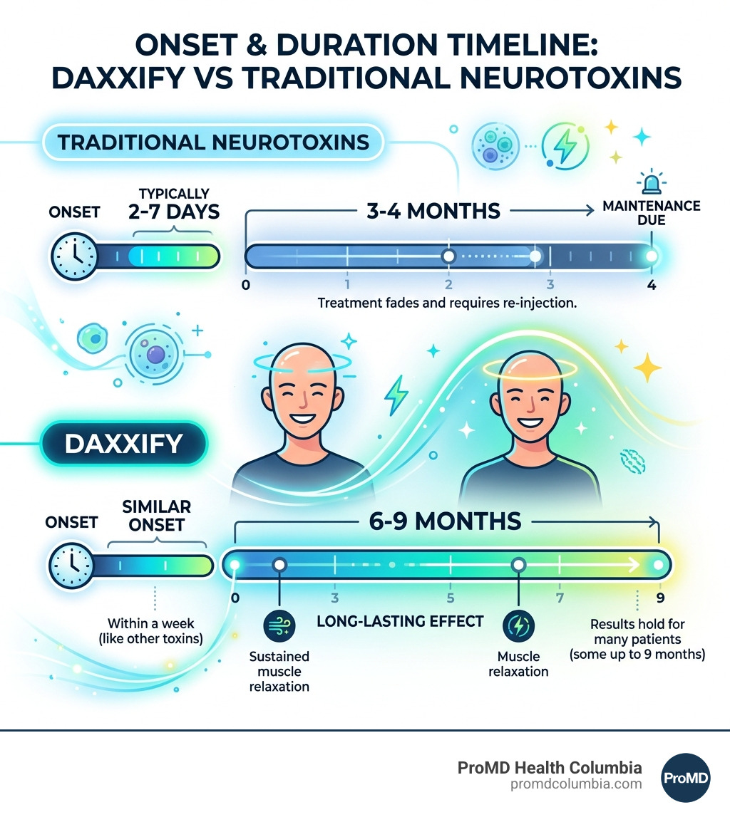 Daxxify vs traditional neurotoxin onset and duration timeline infographic - Daxxify preview with AI simulator infographic 