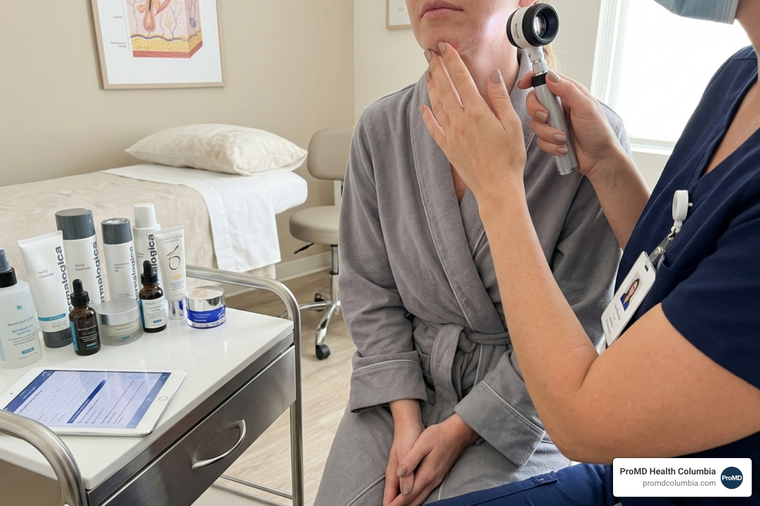 Patient receiving a professional facial consultation neck-down view - chemical peel facial md