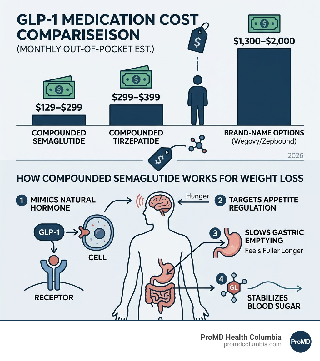 infographic showing GLP-1 medication cost comparison and how compounded semaglutide works for weight loss - affordable