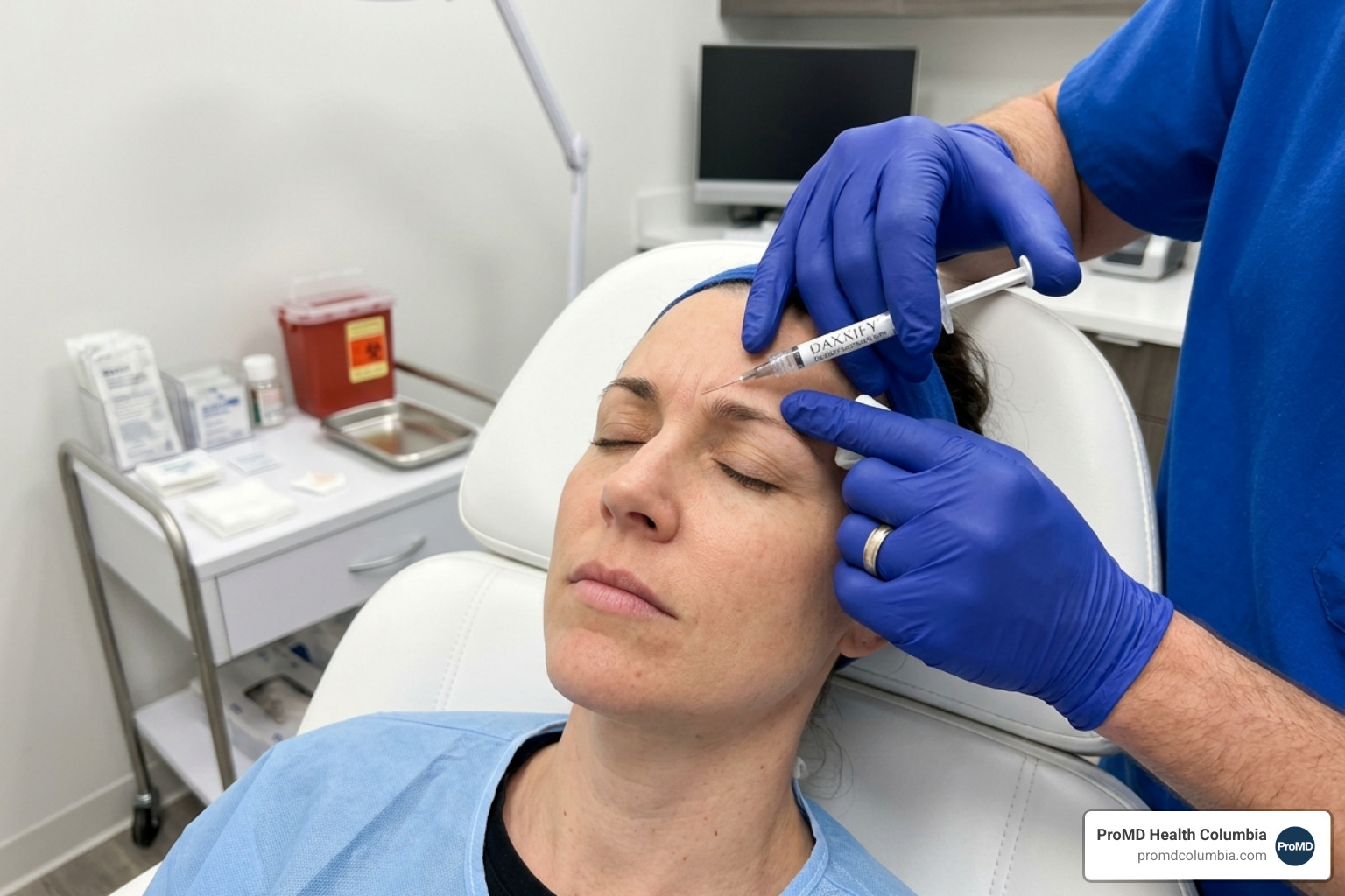 Neck-down view of a precise Daxxify injection procedure - Custom Daxxify facial plan