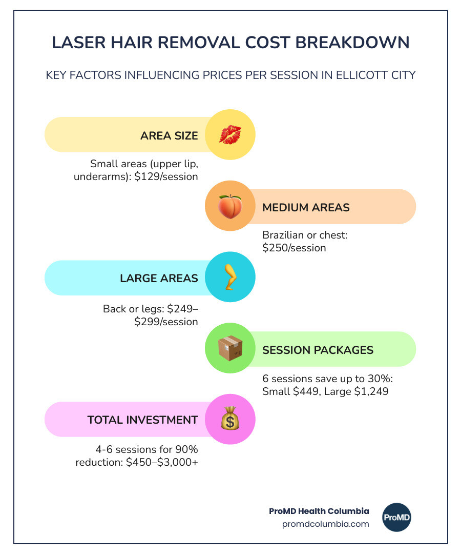 Infographic showing laser hair removal price ranges by treatment area in Ellicott City with session counts and package
