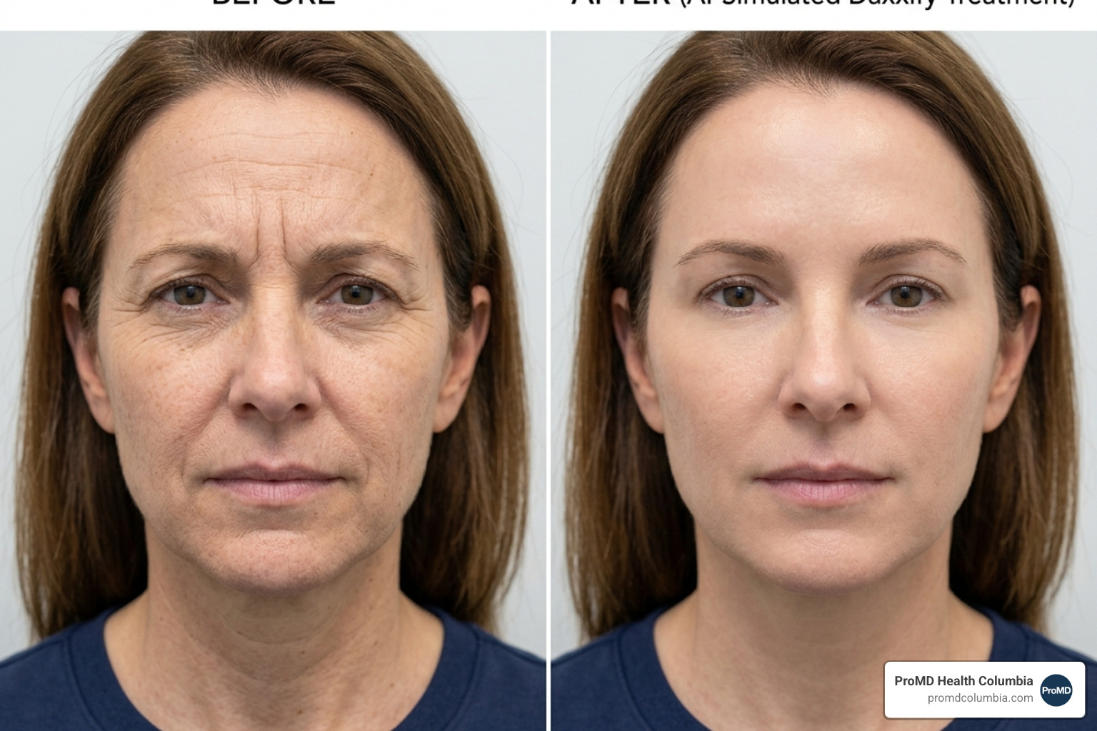 Side-by-side AI simulation result showing wrinkle reduction - Daxxify preview with AI simulator