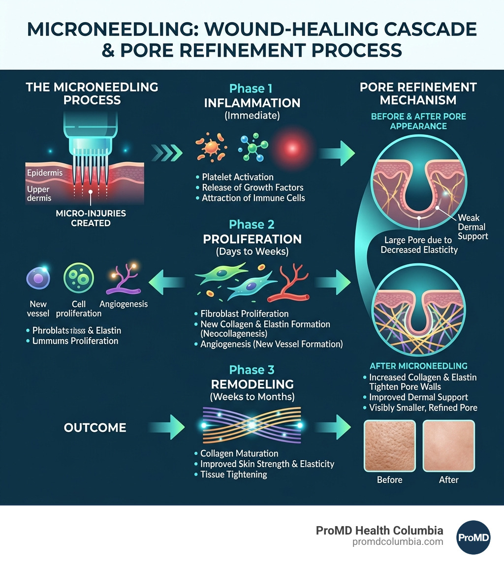 Microneedling wound-healing cascade and pore refinement process infographic - microneedling for large pores infographic 