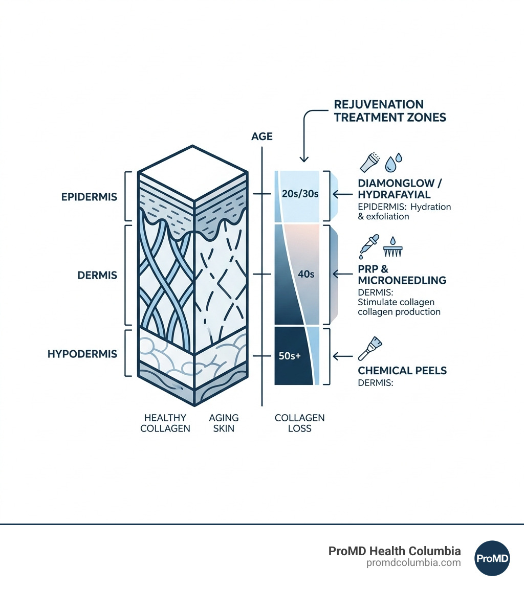 Three layers of skin diagram showing collagen loss by age with rejuvenation treatment zones - skin rejuvenation facials