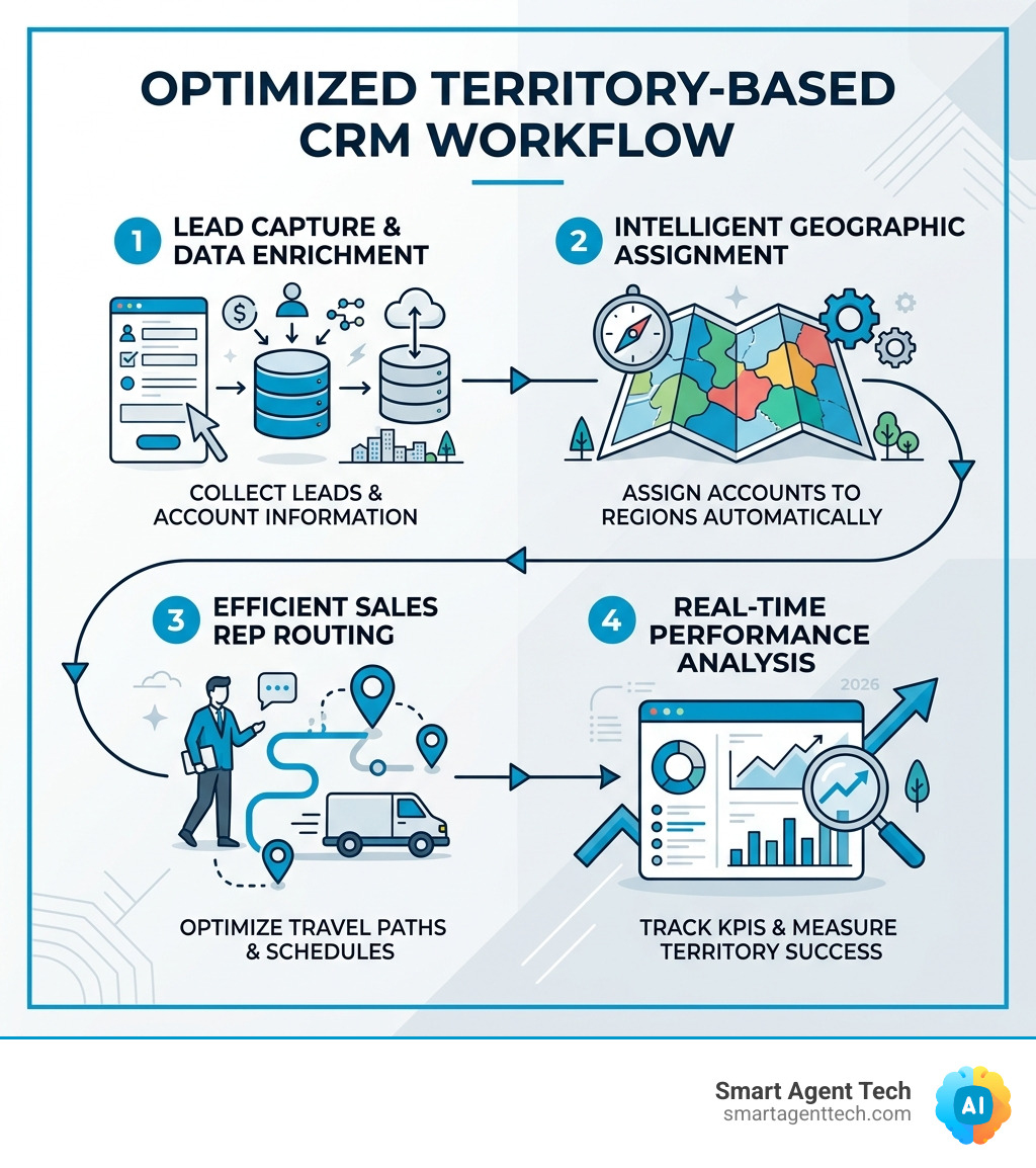 Territory management workflow infographic showing lead capture, geographic assignment, rep routing, and performance Territory management workflow infographic showing lead capture, geographic assignment, rep routing, and performance