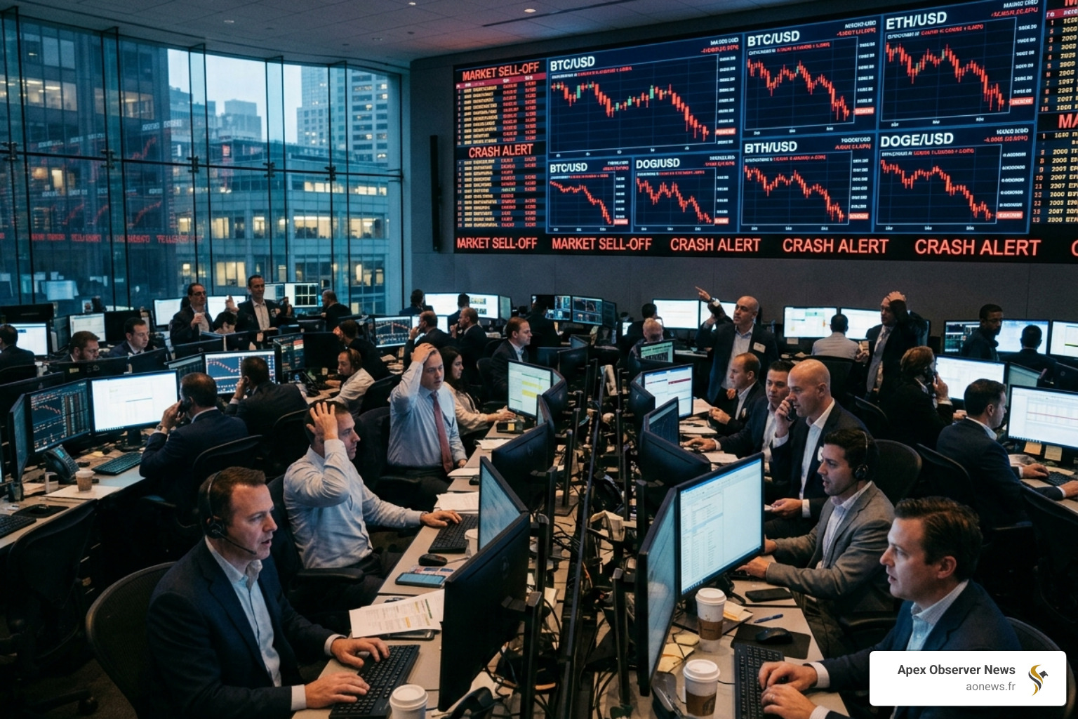high-tech trading floor with multiple monitors showing red market candles - crypto crash