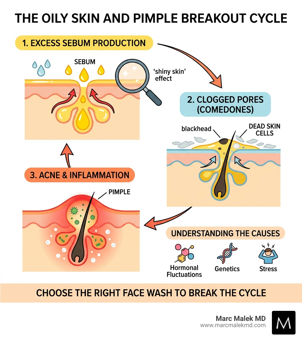 oily skin and pimple breakout cycle infographic showing sebum, clogged pores, and acne - best face wash for oily skin and oily skin and pimple breakout cycle infographic showing sebum, clogged pores, and acne - best face wash for oily skin and