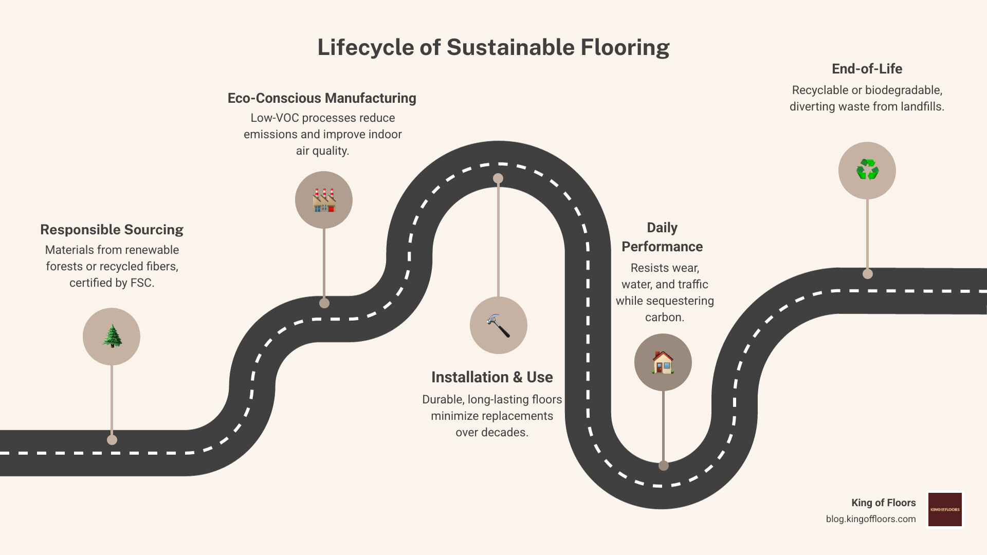 Infographic showing the lifecycle of sustainable flooring materials from sourcing to disposal - sustainable flooring options