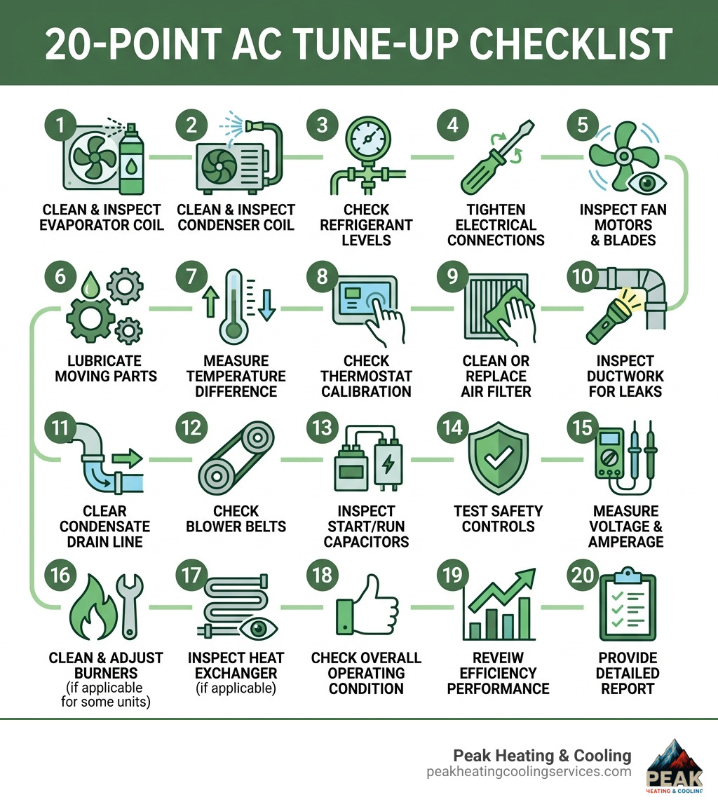 Infographic showing 20-point AC tune-up checklist with key steps from coil cleaning to refrigerant check - air conditioner