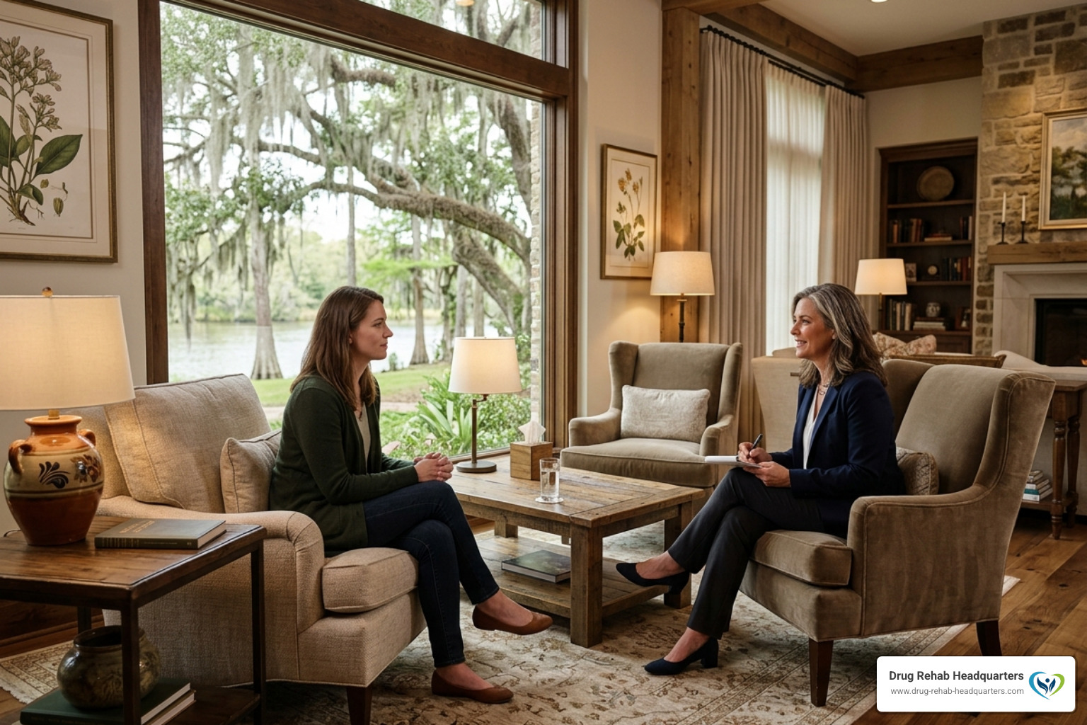 Private therapy session in a high-end luxury lounge setting - Louisiana luxury rehab retreats