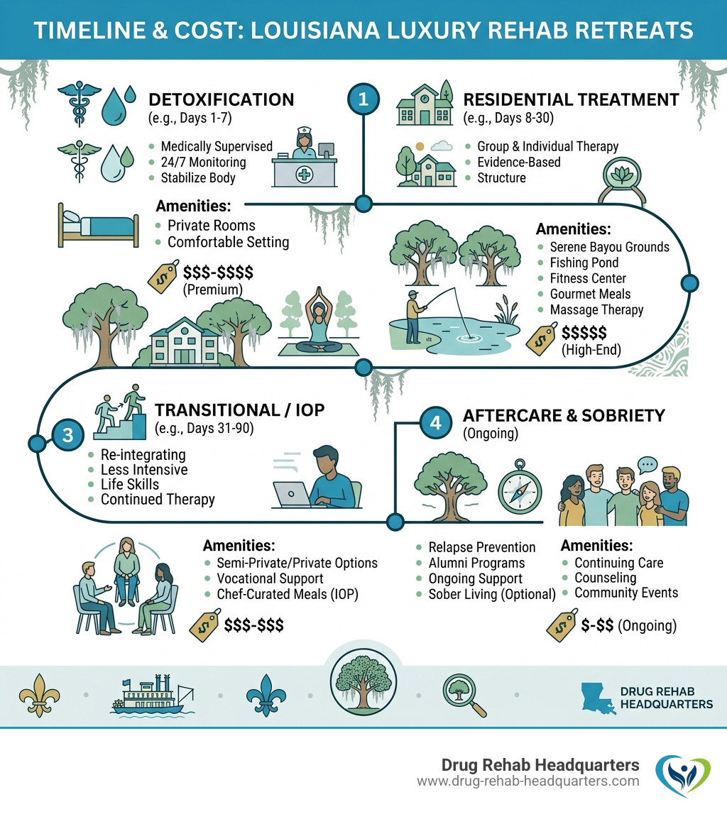 Infographic: Louisiana luxury rehab retreats timeline from detox to aftercare with key amenities and costs - Louisiana