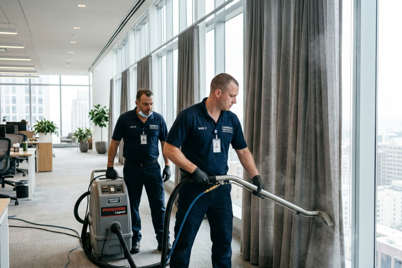 professional technicians using industrial steam extraction equipment - office curtain cleaning