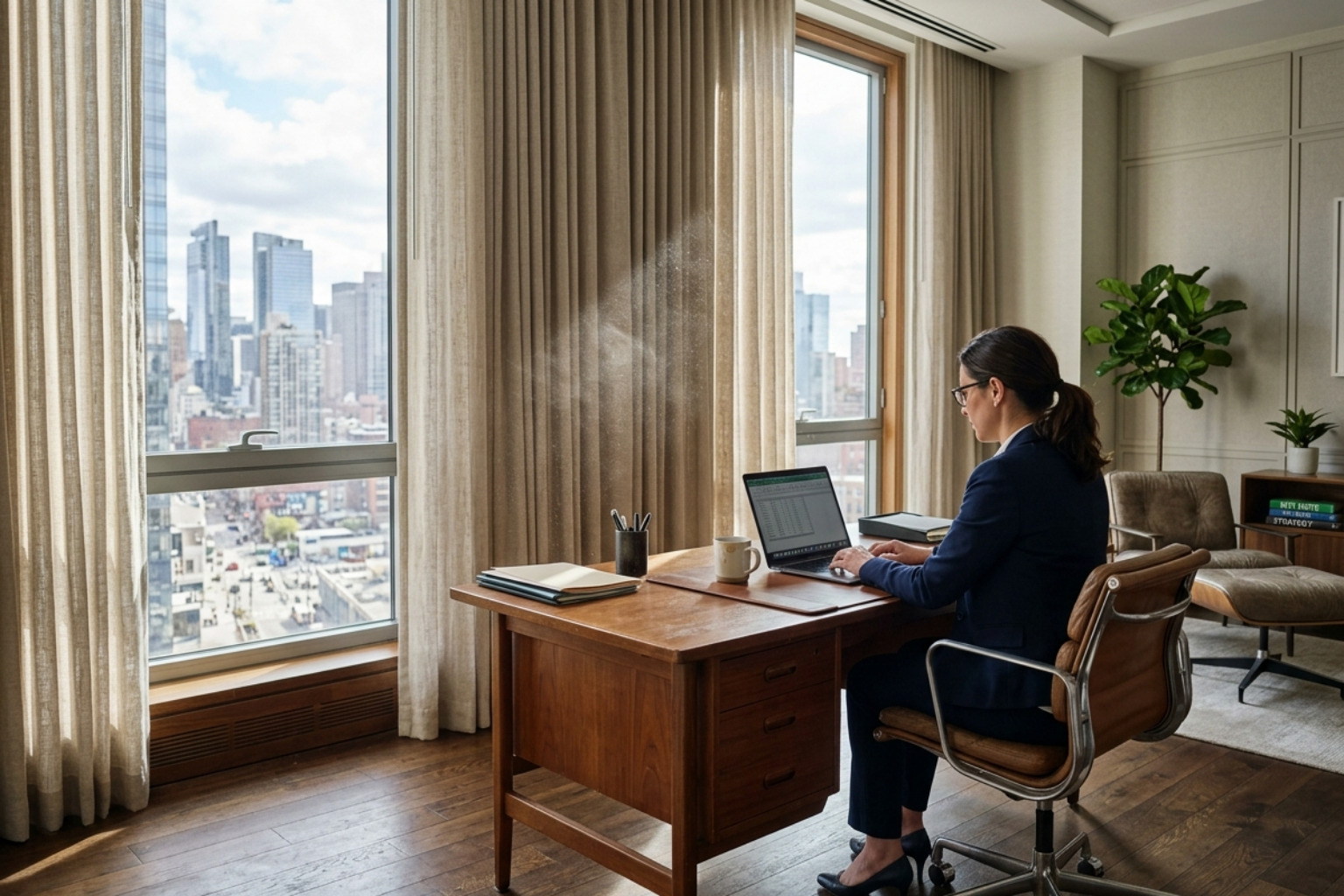 clean high-end corporate office with floor-to-ceiling drapes - office curtain cleaning