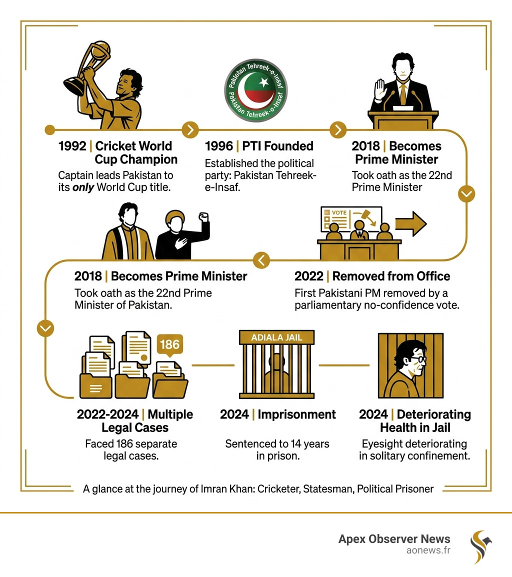 Timeline infographic from Imran Khan's 1992 World Cup win to 2024 imprisonment - imran khan infographic 