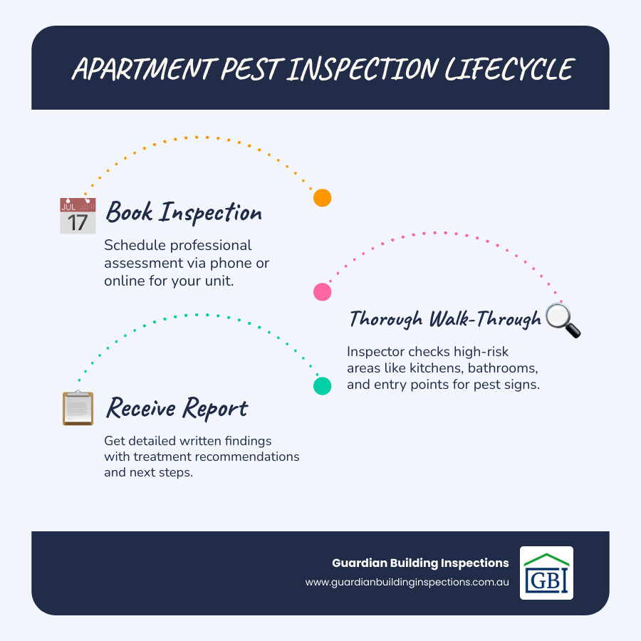 Apartment pest control inspection lifecycle infographic showing process from booking to report - pest control inspection