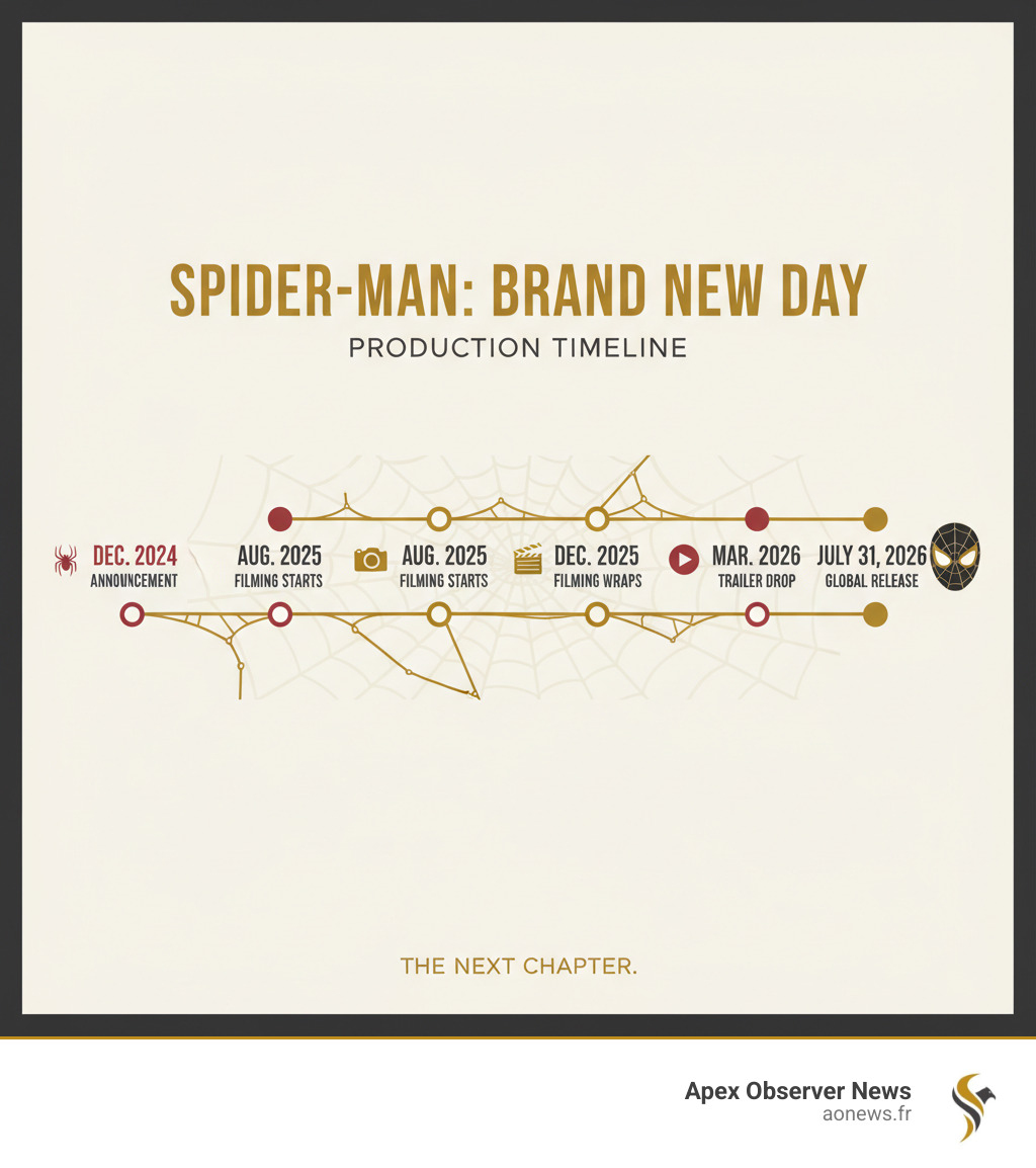 Spider-Man Brand New Day production timeline from announcement to July 2026 release - spiderman brand new day infographic 