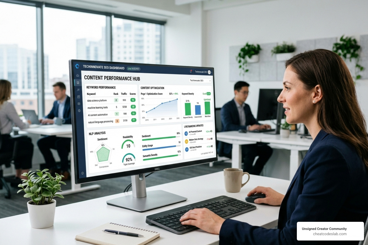 Data-driven content dashboard showing real-time SEO metrics - SEO content tools