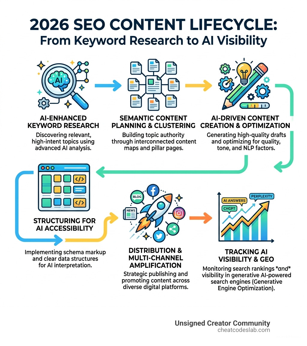 2026 SEO content lifecycle from keyword research to AI visibility - SEO content tools infographic 