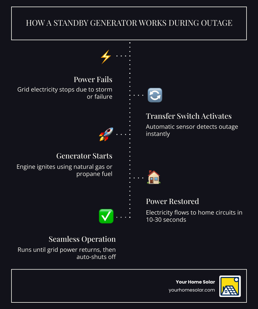 Infographic showing how a standby generator works: grid outage triggers transfer switch, generator starts within seconds Infographic showing how a standby generator works: grid outage triggers transfer switch, generator starts within seconds