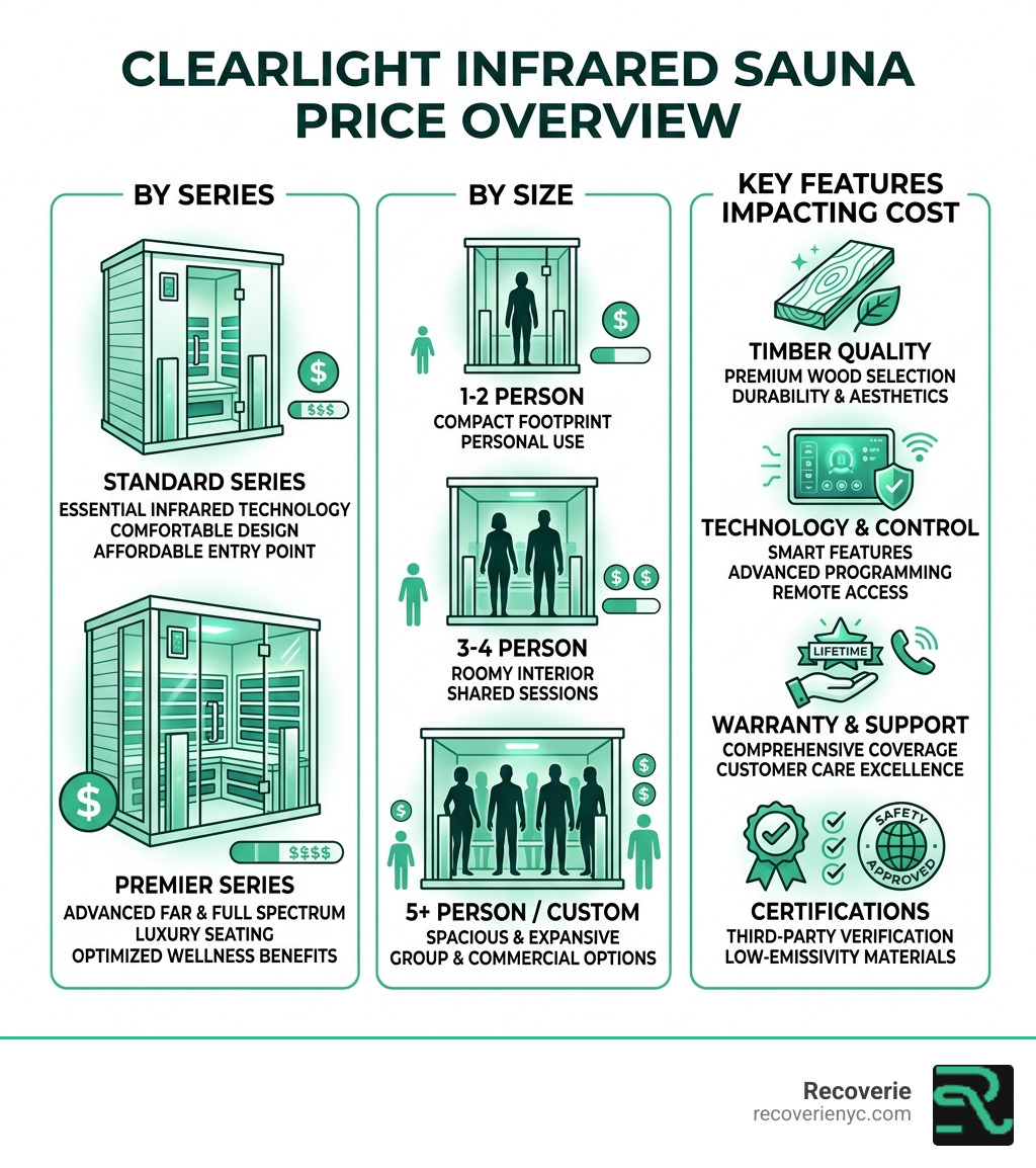 Infographic showing Clearlight infrared sauna price ranges by series, size, and key features - clearlight infrared sauna