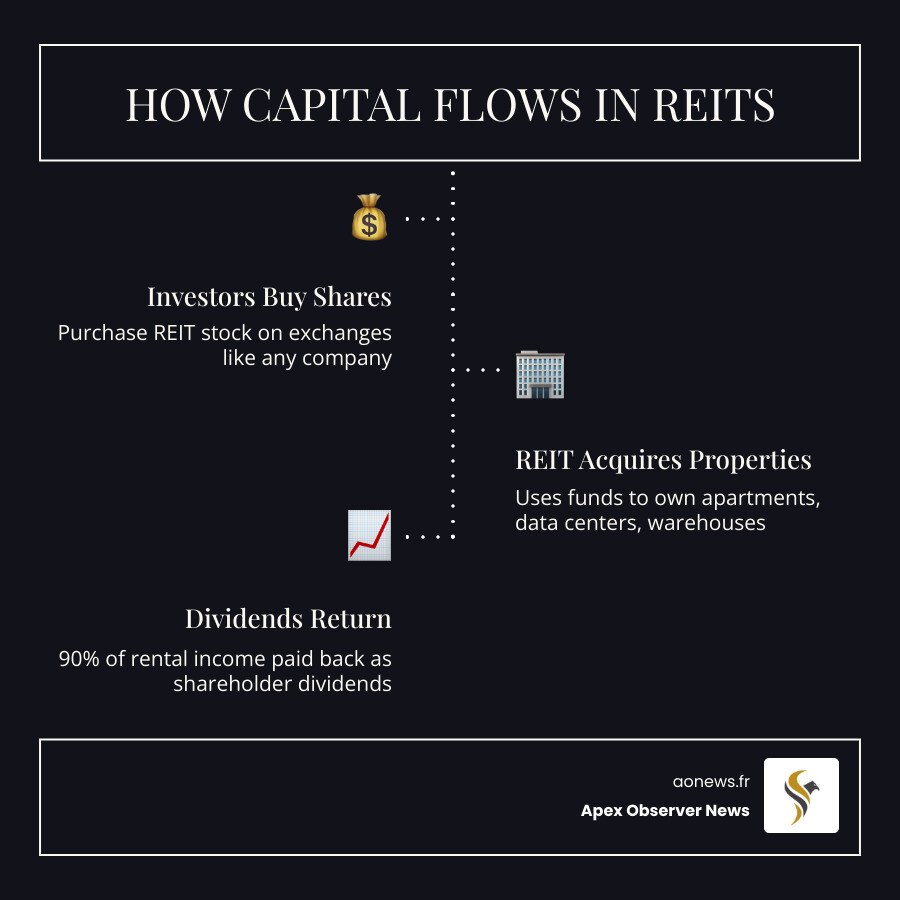 Infographic showing capital flow from investors to REIT companies to properties and back as dividends - real estate