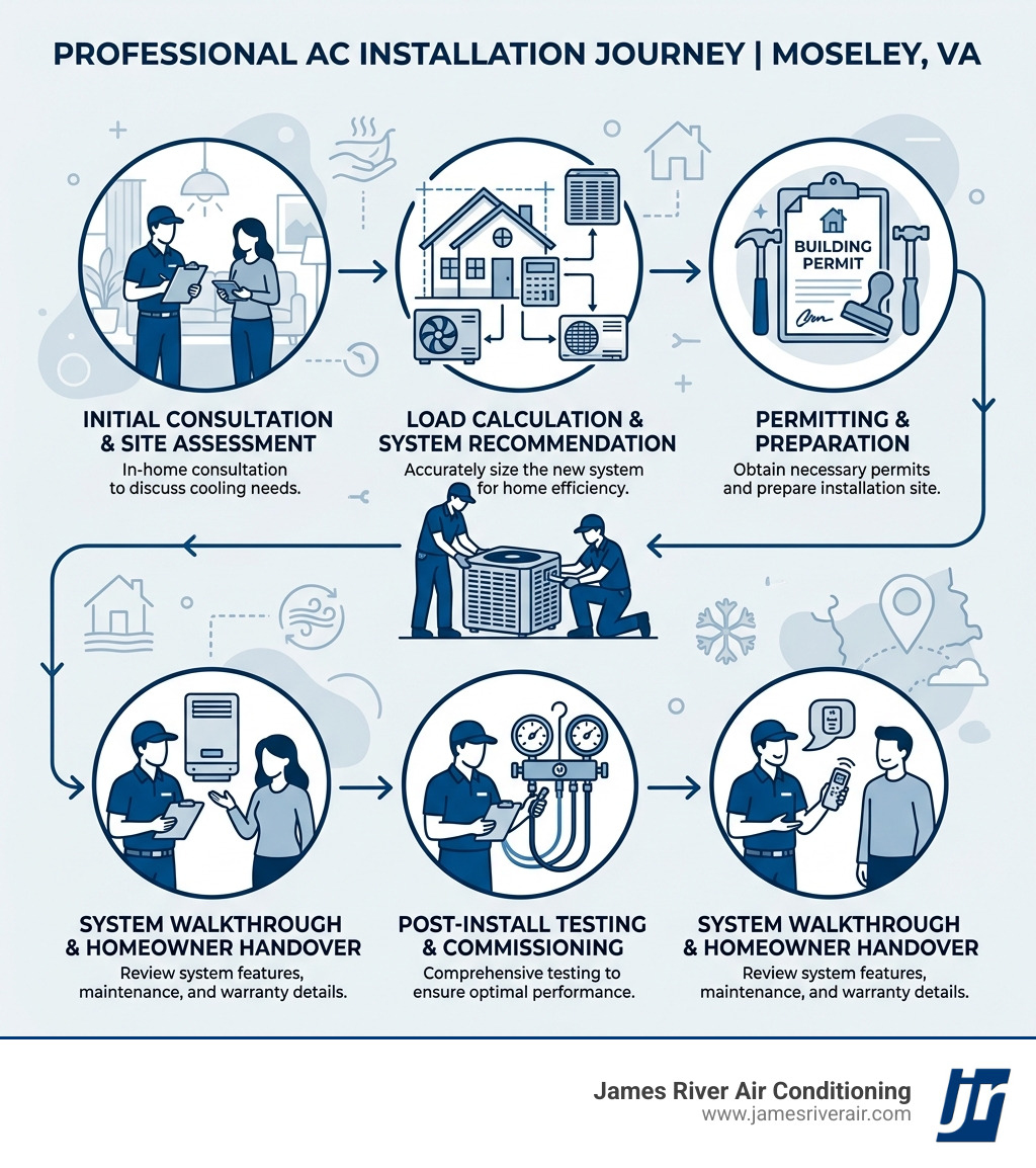 Infographic showing the professional AC installation journey in Moseley VA from consultation to post-install testing - air Infographic showing the professional AC installation journey in Moseley VA from consultation to post-install testing - air