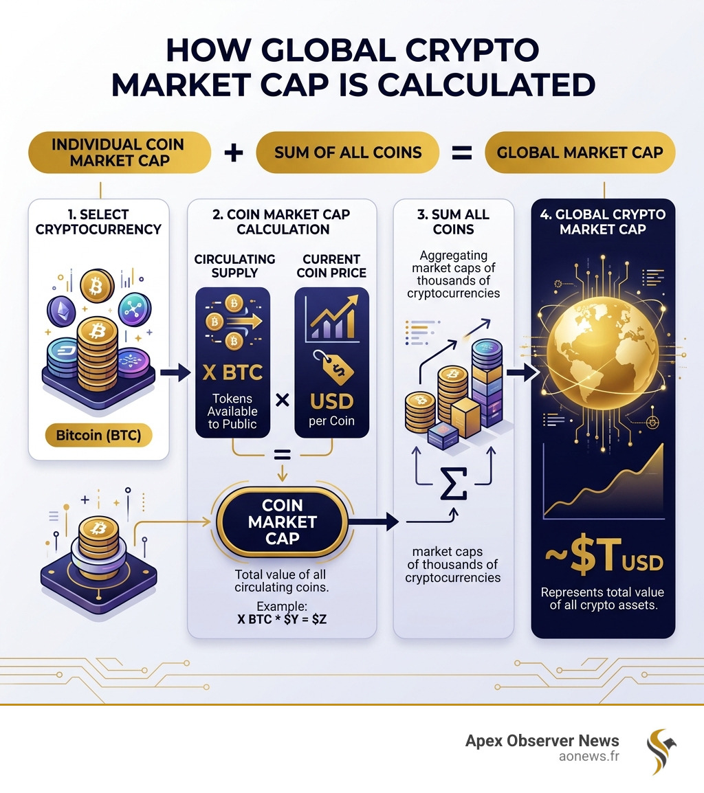 Infographic showing how global crypto market capitalization is calculated using circulating supply and current coin prices