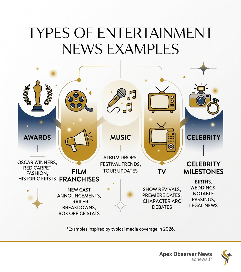 Infographic showing types of entertainment news examples: awards, film, music, TV, celebrity milestones - entertainment news