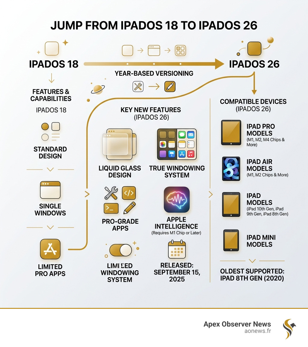 Infographic showing jump from iPadOS 18 to iPadOS 26 with key features and compatible devices - latest ipad os infographic 