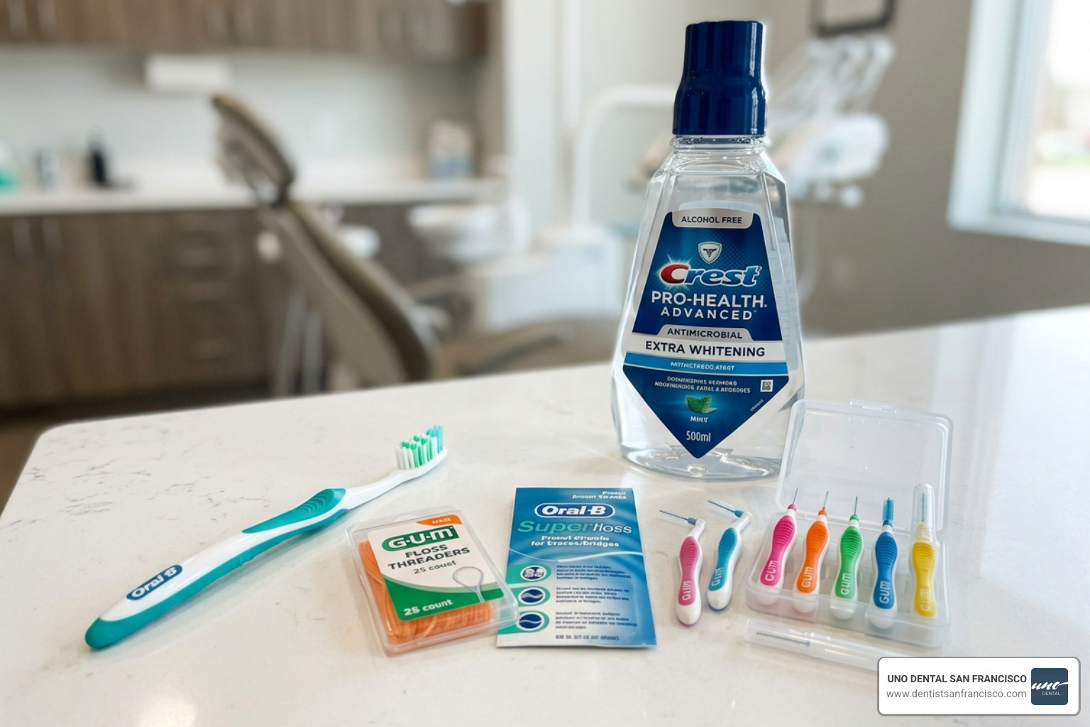 A collection of dental hygiene tools including a soft toothbrush, floss threaders, and antimicrobial mouthwash - extraction A collection of dental hygiene tools including a soft toothbrush, floss threaders, and antimicrobial mouthwash - extraction