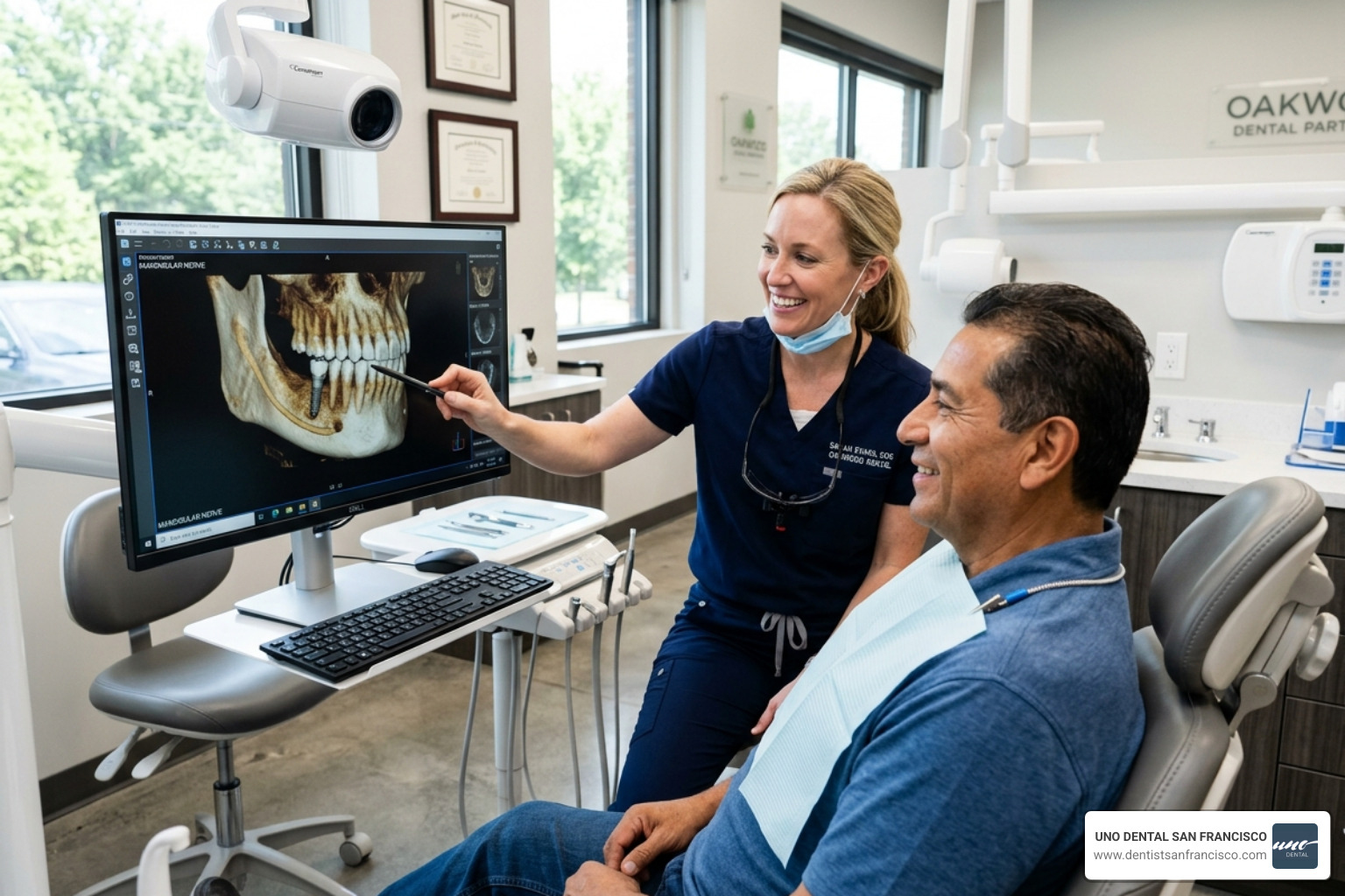 A dentist explaining a 3D dental scan to a patient during a consultation - extraction and bridge same day A dentist explaining a 3D dental scan to a patient during a consultation - extraction and bridge same day