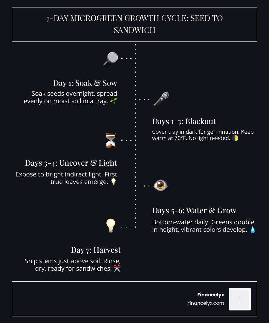 Infographic showing 7-day microgreen growth cycle from seed to sandwich-ready harvest - homegrown microgreens sandwich ideas