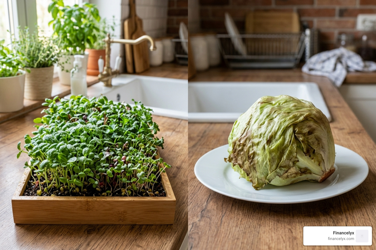 Comparison of a vibrant tray of fresh microgreens versus a head of wilted iceberg lettuce - homegrown microgreens sandwich