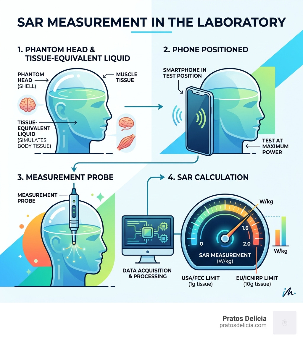 Infographic showing how SAR is measured in a laboratory setting with phone, phantom head, and W/kg scale - smartphone sar Infographic showing how SAR is measured in a laboratory setting with phone, phantom head, and W/kg scale - smartphone sar
