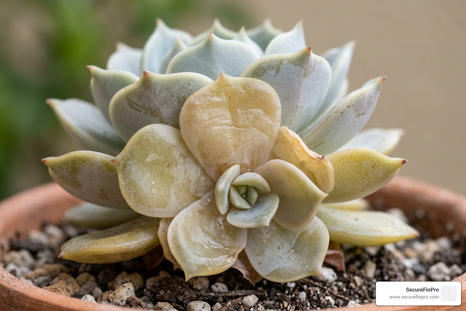 Translucent Echeveria leaves showing signs of overwatering - fix overwatered succulent plant