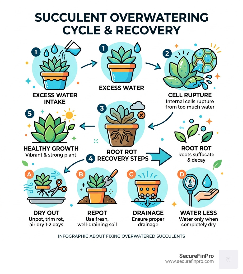 Succulent overwatering cycle showing water intake, cell rupture, root rot, and recovery steps - fix overwatered succulent