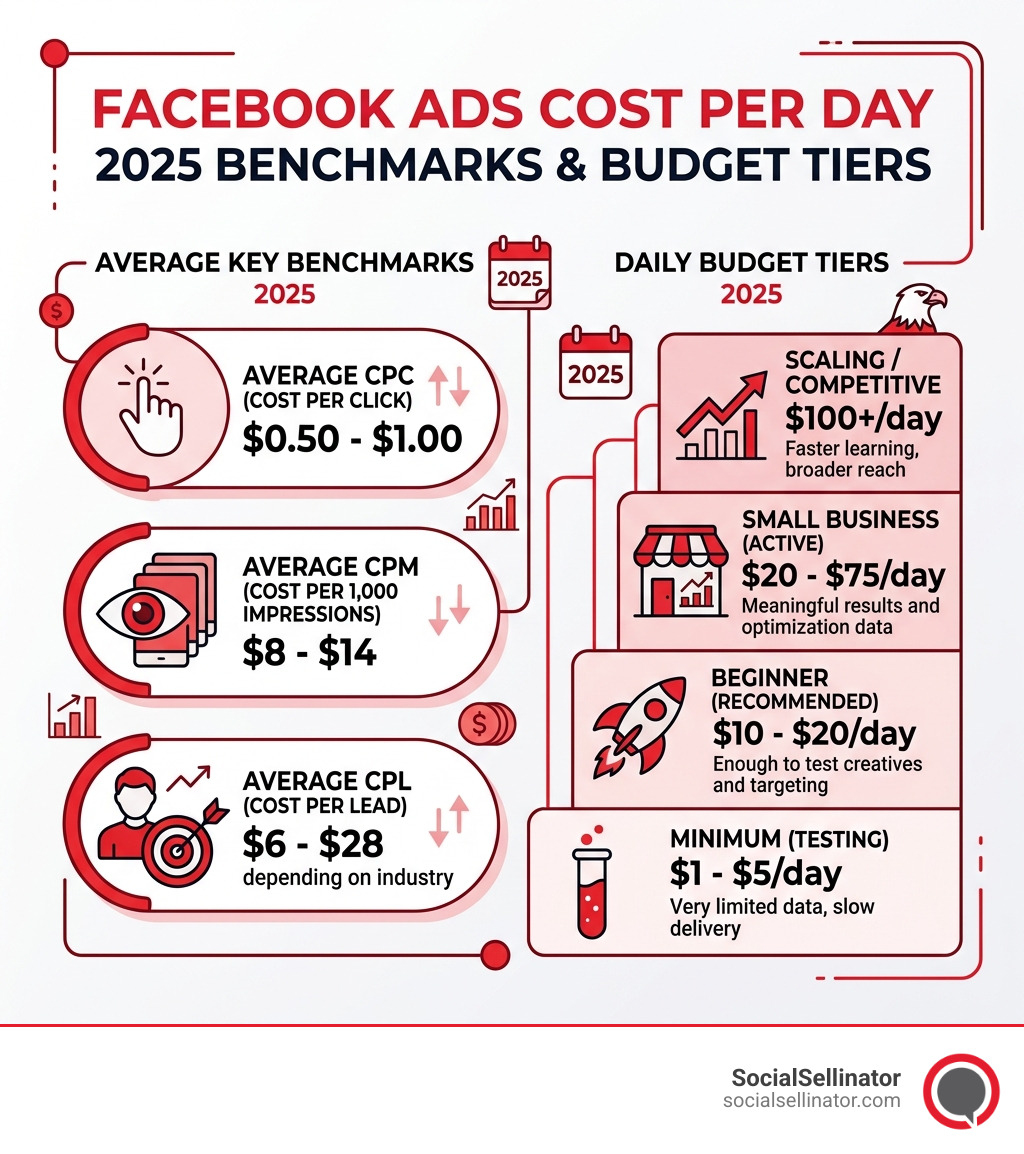 Facebook ads cost per day infographic showing CPC, CPM, CPL benchmarks and daily budget tiers for 2026 - facebook ads cost