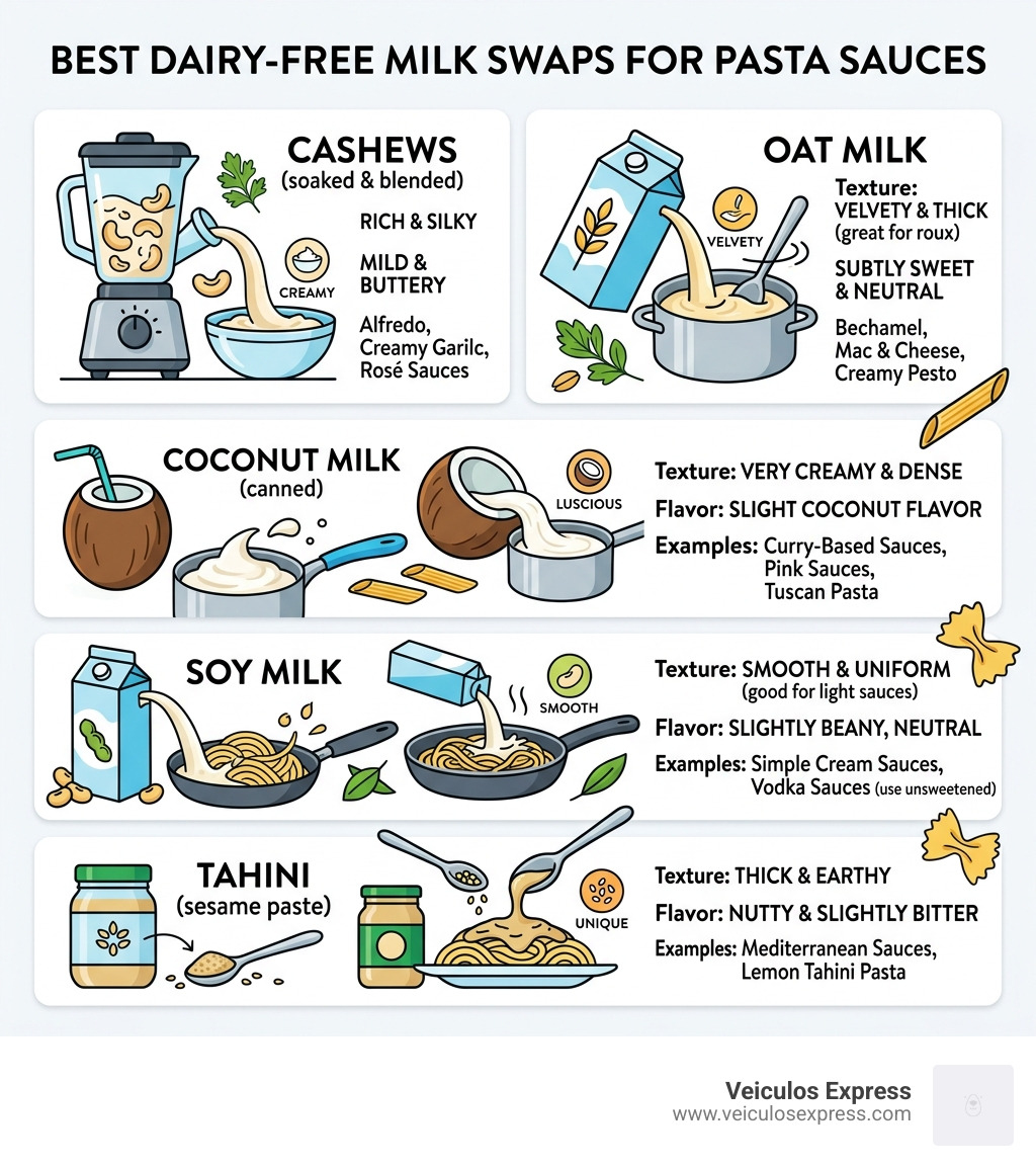Infographic showing best dairy-free milk swaps for pasta sauces with texture and flavor notes - dairy free pasta recipes