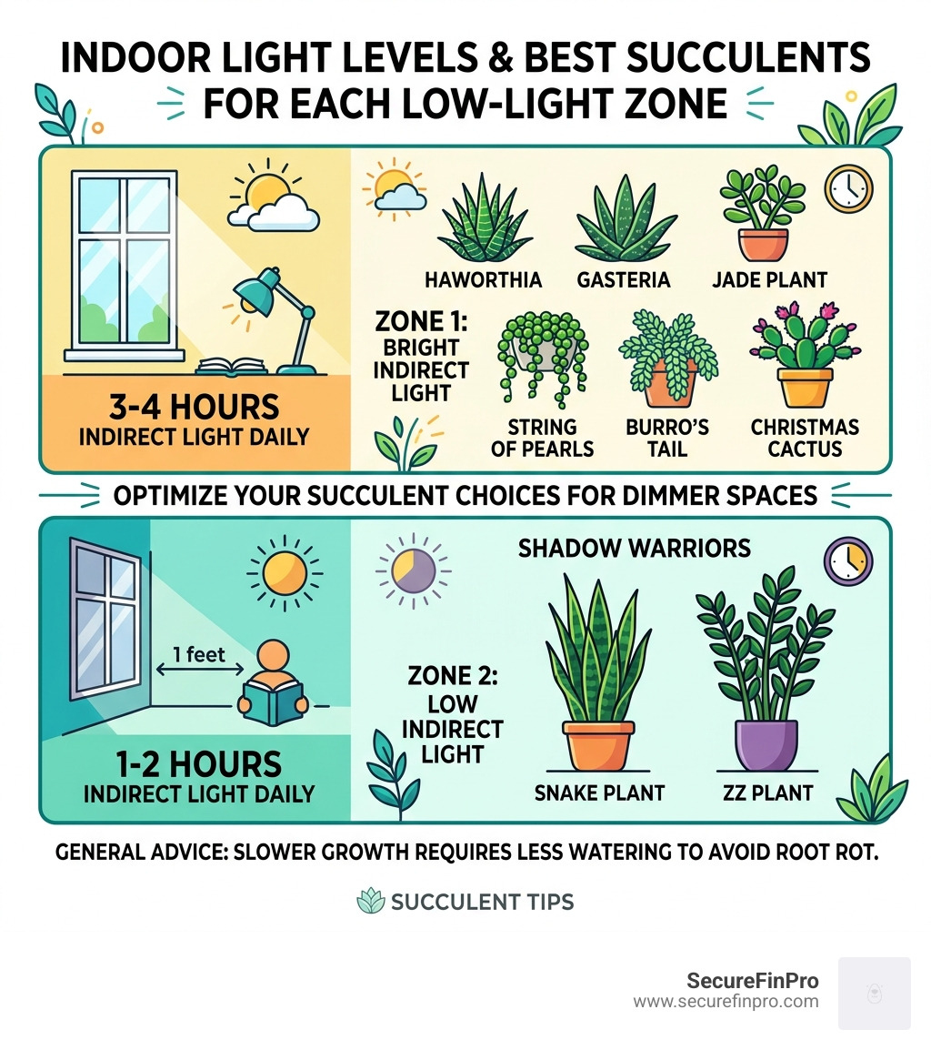 Infographic showing indoor light levels and best succulents for each low-light zone - indoor succulents low light