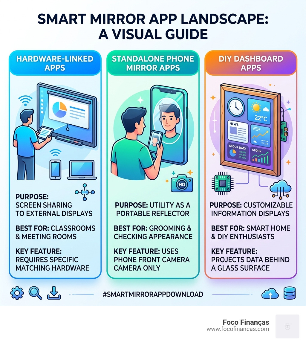 Infographic comparing hardware-linked mirroring apps vs standalone phone mirror apps vs DIY dashboard apps - smart mirror