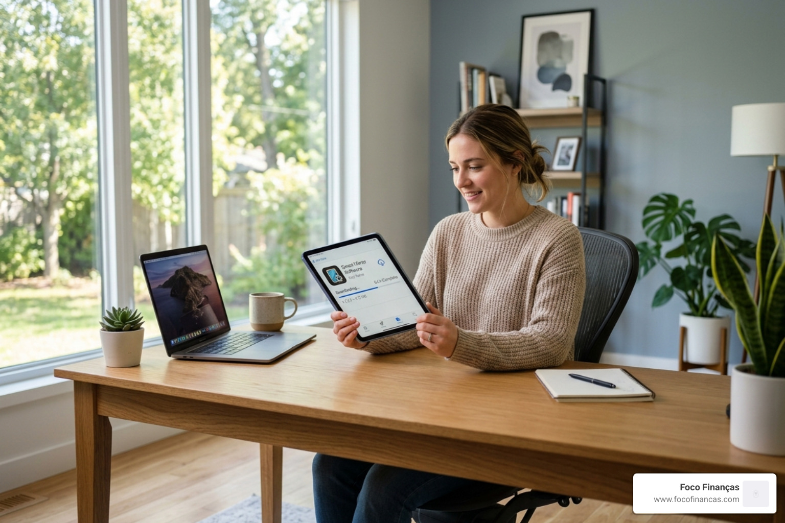 User downloading smart mirror software on a tablet in a modern home office - smart mirror app download