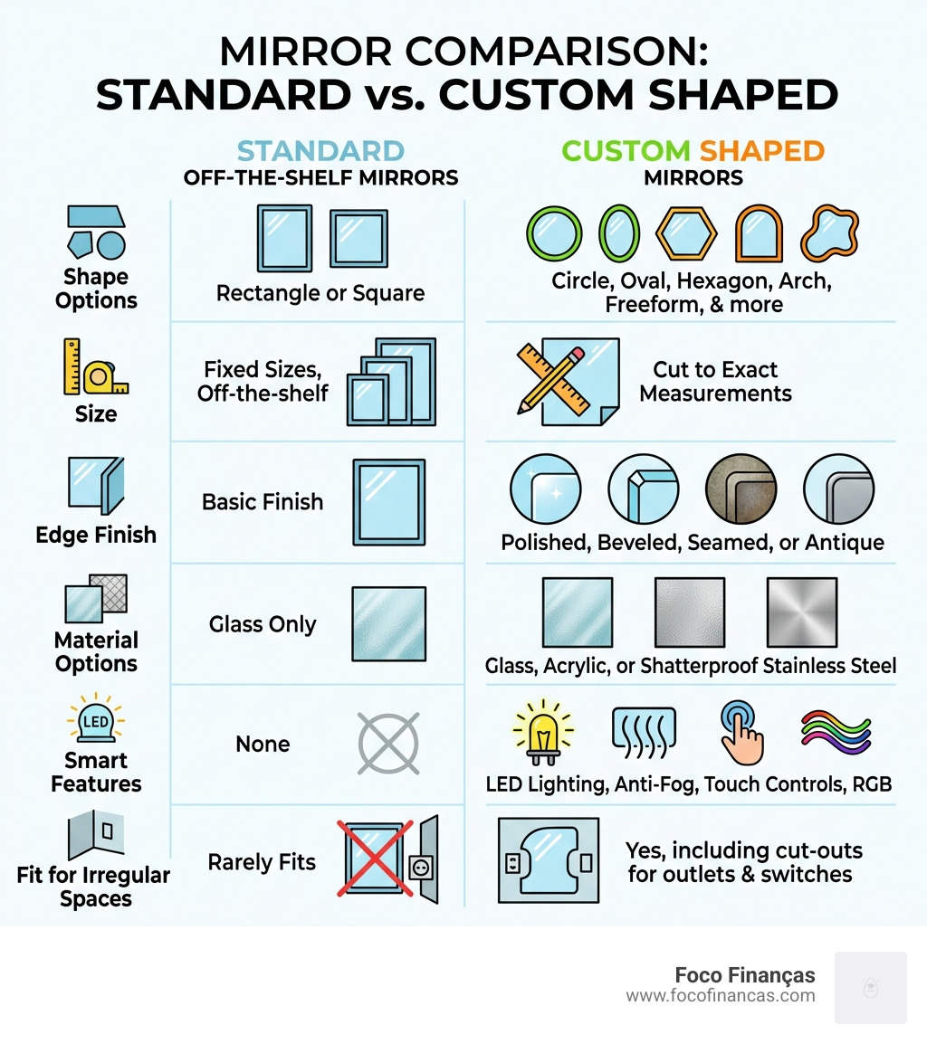Infographic comparing standard off-the-shelf mirrors vs custom shaped mirrors with key differences - Custom shaped mirror Infographic comparing standard off-the-shelf mirrors vs custom shaped mirrors with key differences - Custom shaped mirror