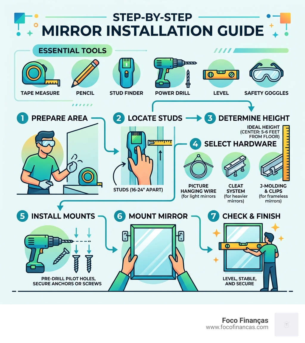 Step by step mirror installation process infographic with tools, height rules, and hardware types - step by step mirror Step by step mirror installation process infographic with tools, height rules, and hardware types - step by step mirror