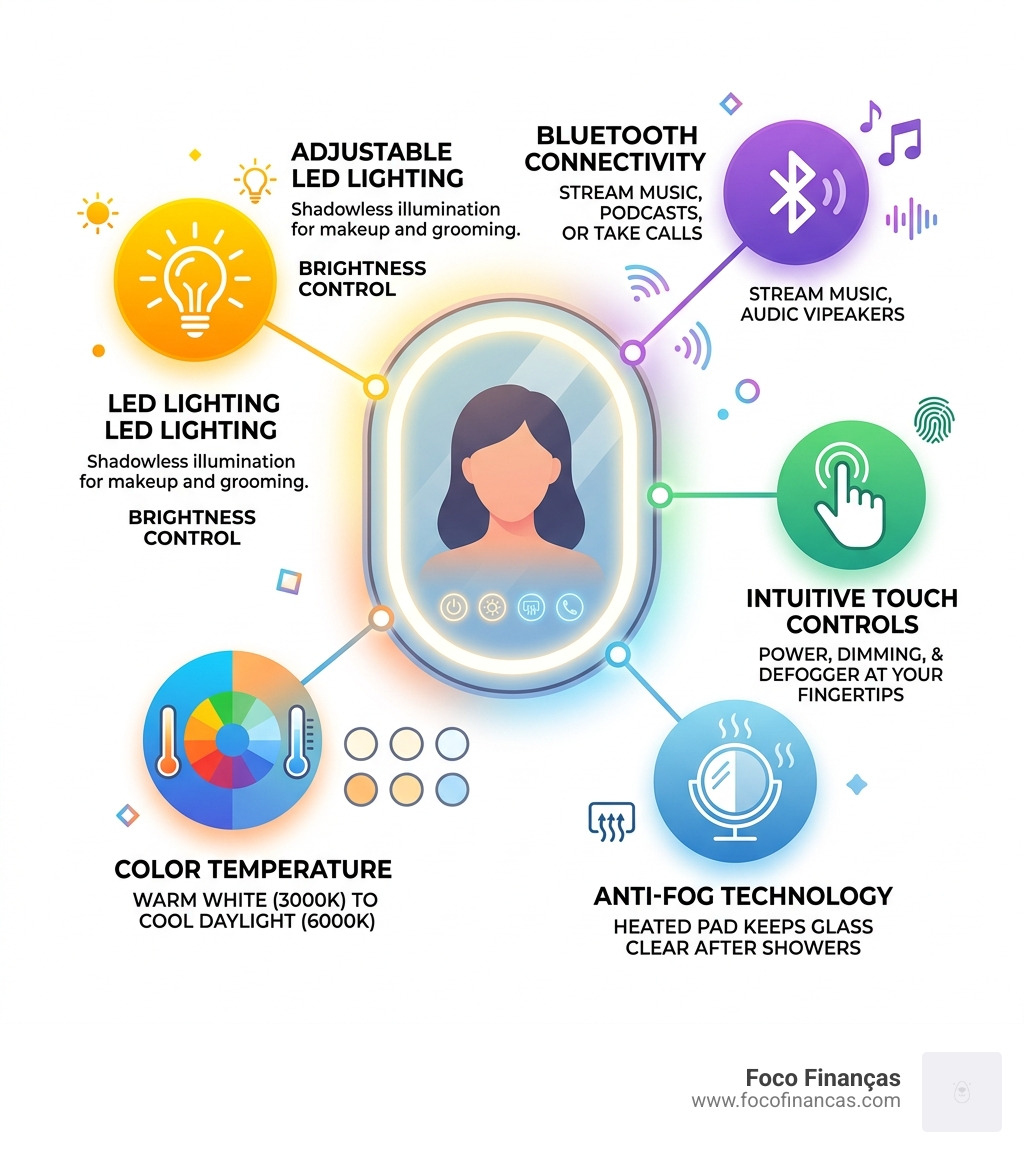 Infographic showing key components of a smart LED vanity mirror including LED lighting, anti-fog, touch sensor, Bluetooth
