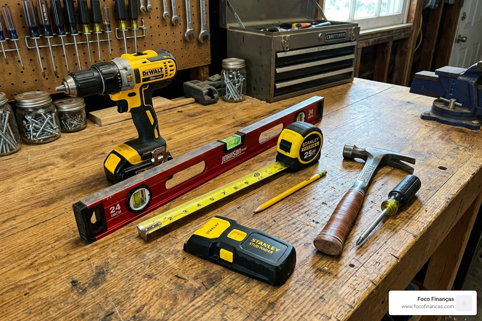 Essential DIY tools including drill, level, and tape measure laid out on a workbench - step by step mirror guide Essential DIY tools including drill, level, and tape measure laid out on a workbench - step by step mirror guide