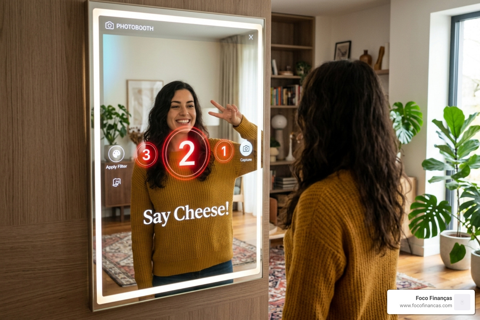 Interactive smart mirror showing a photobooth interface with a countdown and "Say Cheese" text - arduino magic mirror Interactive smart mirror showing a photobooth interface with a countdown and "Say Cheese" text - arduino magic mirror