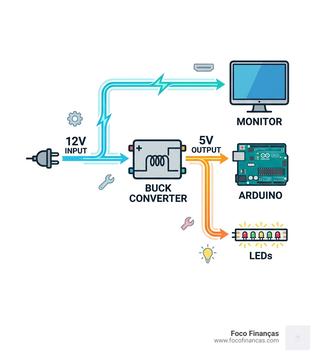 Infographic showing power distribution: 12V input splitting to a monitor and a buck converter, which provides 5V to the Infographic showing power distribution: 12V input splitting to a monitor and a buck converter, which provides 5V to the
