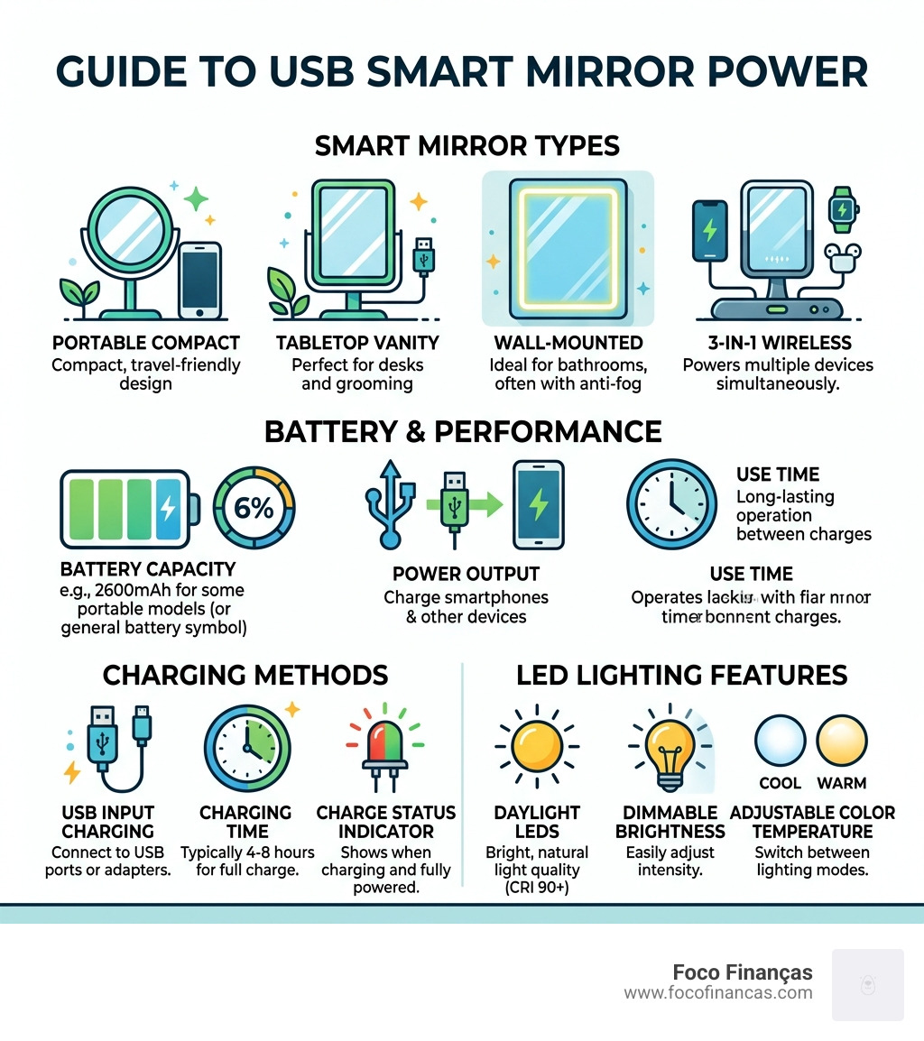 Infographic showing USB smart mirror types, battery specs, charging methods, and LED features - USB smart mirror charger