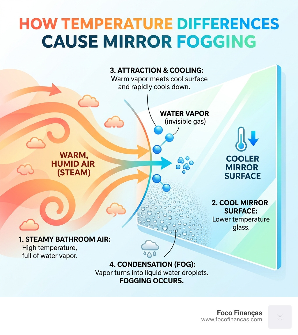 How temperature differences between mirror surface and humid air cause fogging - fog prevention mirror fan infographic 