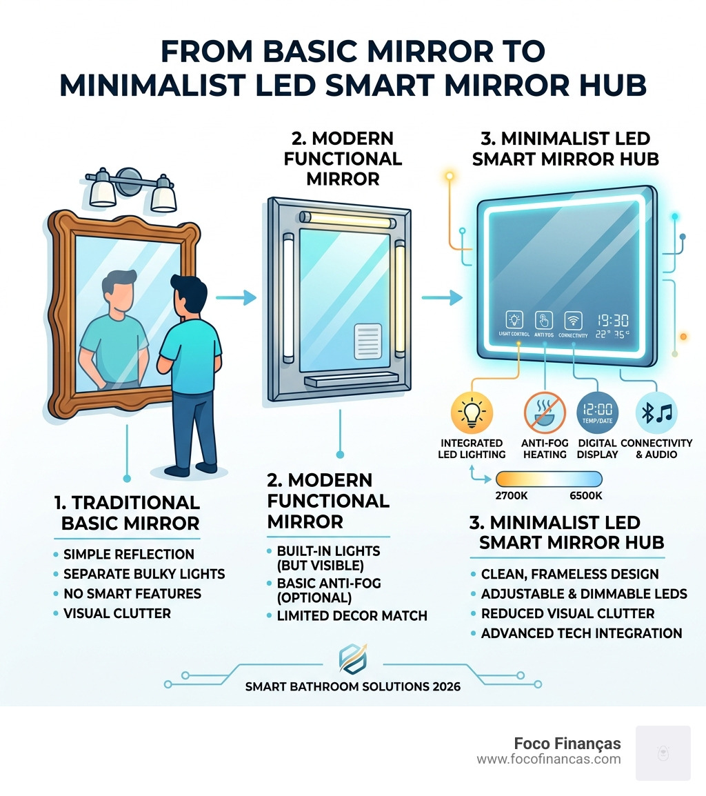 Infographic showing evolution from basic bathroom mirror to minimalist LED smart mirror hub with key features - LED smart Infographic showing evolution from basic bathroom mirror to minimalist LED smart mirror hub with key features - LED smart